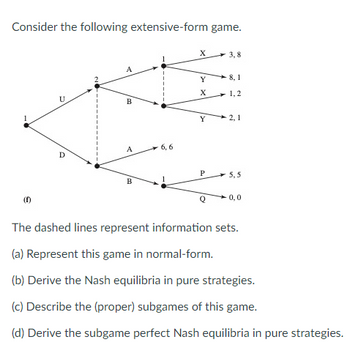 Consider the following extensive-form game.
U
D
A
B
A
B
-6,6
X
Y
X
Y
P
3,8
-8, 1
1,2
-2, 1
5,5
-0,0
The dashed lines represent information sets.
(a) Represent this game in normal-form.
(b) Derive the Nash equilibria in pure strategies.
(c) Describe the (proper) subgames of this game.
(d) Derive the subgame perfect Nash equilibria in pure strategies.