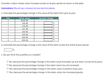 Consider a stock whose value increases across an 8-year period as shown in the table.
Instructions: Round your answers to two decimal places.
a. Calculate the percentage change in the value of the stock from year to year.
Year
Stock Value
1
$110.00
2
120.00
3
130.00
4
145.00
5
160.00
6
260.00
7
420.00
8
690.00
Percent Change
%
%
%
%
%
b. Calculate the percentage change in the value of the stock across the entire 8-year period.
%
c. Do you think this qualifies as a bubble?
O No, because the percentage change in the stock value fluctuates up and down across the 8 years.
O No, because the percentage change in the stock value has not increased.
Yes, because the percentage change in the stock value is positive every year.
○ Yes, because the percentage change in the stock value has increased greatly.