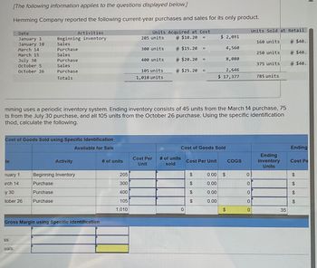 [The following information applies to the questions displayed below.]
Hemming Company reported the following current-year purchases and sales for its only product.
Date
January 1
January 10
Activities
Beginning inventory
Sales
March 14
March 15
July 30
October 5
October 26
Purchase
Sales
Purchase
Sales
Purchase
Totals
Units Acquired at Cost
Units Sold at Retail
205 units
@ $10.20
$ 2,091
160 units
@ $40..
300 units
@ $15.20
=
4,560
250 units
@ $40..
400 units
@ $20.20
=
8,080
375 units
@ $40..
105 units
1,010 units
@ $25.20
2,646
$ 17,377
785 units
mming uses a periodic inventory system. Ending inventory consists of 45 units from the March 14 purchase, 75
ts from the July 30 purchase, and all 105 units from the October 26 purchase. Using the specific identification
thod, calculate the following.
Cost of Goods Sold using Specific Identification
te
Activity
nuary 1
Beginning Inventory
irch 14
Purchase
ly 30
Purchase
:tober 26
Purchase
Available for Sale
Cost of Goods Sold
Ending
# of units
Cost Per
Unit
# of units
Cost Per Unit
COGS
sold
Ending
Inventory
Units
Cost Pe
205
$
0.00
$
0
$
SA
300
$
0.00
0
69
$
400
$
0.00
0
105
$
EA
0.00
0
EA
$
$
1,010
0
$
SA
0
35
Gross Margin using Specific Identification
SS:
uals: