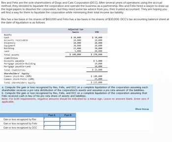 Rex and Felix are the sole shareholders of Dogs and Cats Corporation (DCC). After several years of operations using the accrual
method, they decided to liquidate the corporation and operate the business as a partnership. Rex and Felix hired a lawyer to draw up
the legal papers to dissolve the corporation, but they need some tax advice from you, their trusted accountant. They are hoping you
will find a way for them to liquidate the corporation while minimizing their total income tax liability.
Rex has a tax basis in his shares of $60,000 and Felix has a tax basis in his shares of $30,000. DCC's tax accounting balance sheet at
the date of liquidation is as follows:
Assets
Cash
Accounts receivable
Inventory
Equipment
Building
Adjusted tax
basis
$ 30,000
10,000
10,000
30,000
15,000
5,000
FMV
$ 30,000
10,000
20,000
20,000
30,000
40,000
Land
Total assets
Liabilities
Accounts payable
Mortgage payable-Building
Mortgage payable-Land
Total liabilities
Shareholders' Equity
Common stock-Rex (80%)
Common stock-Felix (20%)
Total shareholders equity
$ 100,000
$ 150,000
$ 5,000
10,000
10,000
$ 25,000
$ 100,000
25,000
$ 125,000
a. Compute the gain or loss recognized by Rex, Felix, and DCC on a complete liquidation of the corporation assuming each
shareholder receives a pro rata distribution of the corporation's assets and assumes a pro rata amount of the liabilities.
b. Compute the gain or loss recognized by Rex, Felix, and DCC on a complete liquidation of the corporation assuming that
Felix received cash in lieu of his pro rata share of assets and liabilities.
Note: For both requirements, negative amounts should be indicated by a minus sign. Leave no answers blank. Enter zero if
applicable.
Gain or loss recognized by Rex
Gain or loss recognized by Felix
Gain or loss recognized by DCC
Part A
Part B
Show less▲