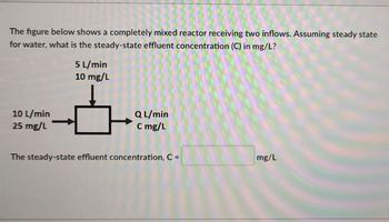 The figure below shows a completely mixed reactor receiving two inflows. Assuming steady state
for water, what is the steady-state effluent concentration (C) in mg/L?
10 L/min
25 mg/L
5 L/min
10 mg/L
Q L/min
C mg/L
The steady-state effluent concentration, C =
mg/L