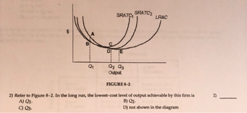 49
Q₁
DI
SRATC₁
Q2 Q3
Output.
FIGURE 8-2
SRATC₂
LRAC
2) Refer to Figure 8-2. In the long run, the lowest-cost level of output achievable by this firm is
A) Q1.
B) Q2.
C) Q3.
D) not shown in the diagram
☎