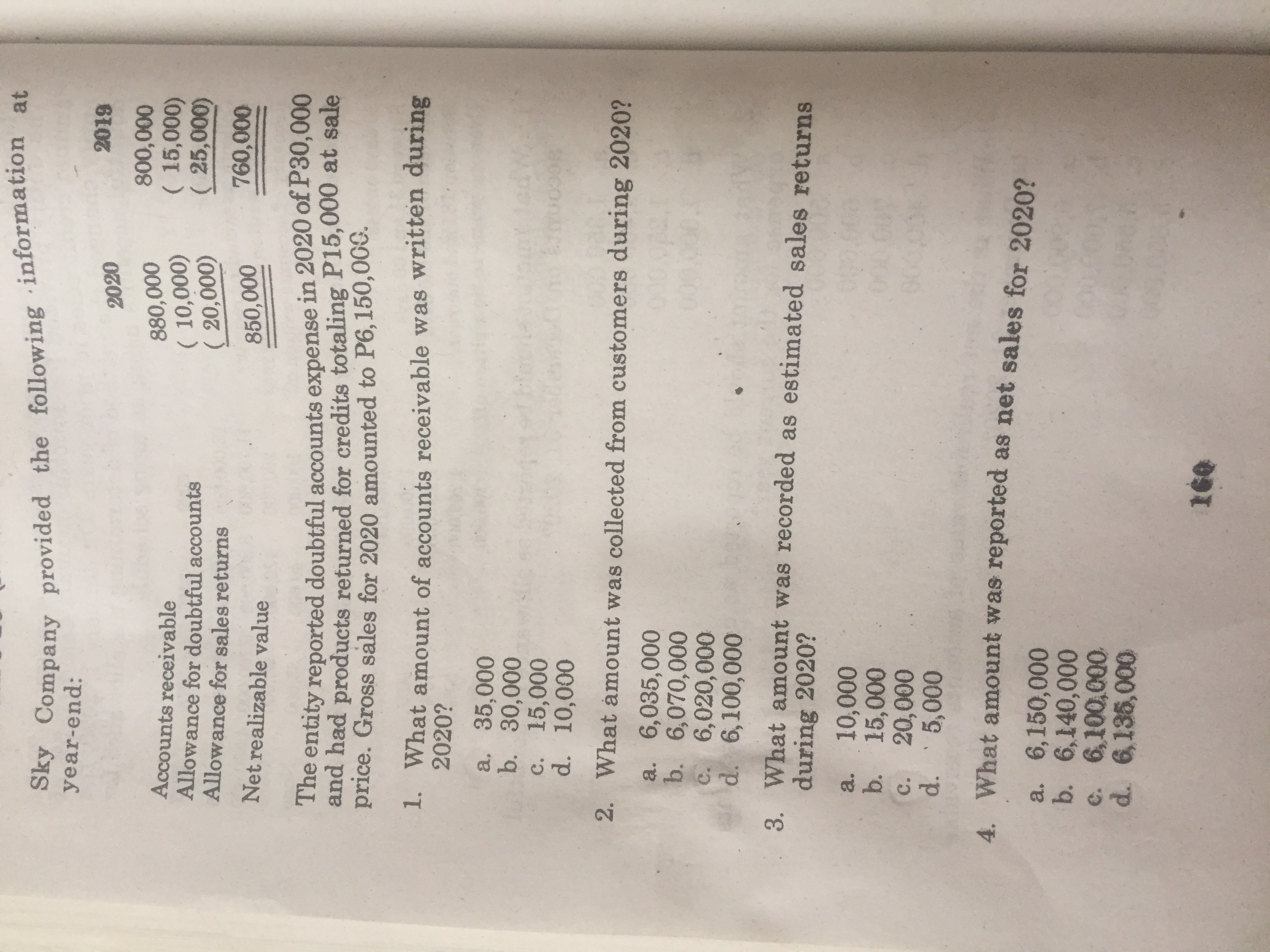 1. What amount of accounts receivable wa
2020?
a, 35,000
b. 30,000
c. 15,000
d. 10,000
2. What amount was collected from custom
a. 6,035,000
b. 6,070,000
c. 6,020,000
d. 6,100,000
3. What amount was recorded as estimat
during 2020?
a. 10,000
b. 15,000
Cc.
4. What amount was reported as net sales
a. 6,150,000
b. 6,140,000
c. 6,100,000
d. 6,135,000
