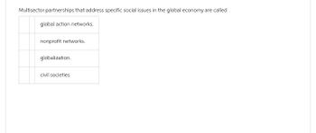 Multisector partnerships that address specific social issues in the global economy are called
global action networks.
nonprofit networks.
globalization.
civil societies