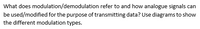 What does modulation/demodulation refer to and how analogue signals can
be used/modified for the purpose of transmitting data? Use diagrams to show
the different modulation types.
