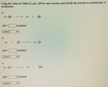 **Using the values in Table 6.2, give ΔH for each reaction, and classify the reaction as endothermic or exothermic.**

**a.**

\[ \text{H-Br:} \rightarrow \text{H} \cdot + \cdot \text{Br:} \]

\[ \Delta H = \_\_\_\_ \text{kcal/mol} \]

(Select: Endothermic/Exothermic)

---

**b.**

\[ \text{H} \cdot + \cdot \text{Cl:} \rightarrow \text{H-Cl} \]

\[ \Delta H = \_\_\_\_ \text{kcal/mol} \]

(Select: Endothermic/Exothermic)

---

**c.**

\[ \text{H-OH} \rightarrow \text{H} \cdot + \cdot \text{OH} \]

\[ \Delta H = \_\_\_\_ \text{kcal/mol} \]

(Select: Endothermic/Exothermic)

---

**Explanation:**

This exercise involves calculating the enthalpy change (ΔH) for each of the given chemical reactions using data from Table 6.2 (not provided). You will then classify each reaction as either endothermic (absorbing heat) or exothermic (releasing heat). 

Each part (a, b, c) represents a chemical reaction with spaces to fill in the ΔH value and to select whether the reaction is endothermic or exothermic. The dot (•) represents an unpaired electron, indicating the species are radicals.