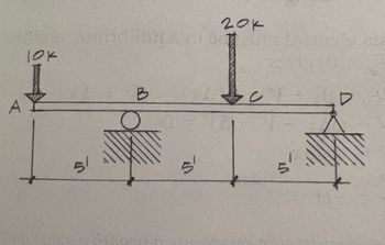 ### Structural Beam Diagram

The diagram represents a structural beam subjected to different forces and constraints:

1. **Beam Description**:
   - The beam is horizontal and segmented into parts labeled A, B, C, and D.

2. **Forces**:
   - At point A, there is a downward force labeled "10k" (presumably representing 10,000 units of force).
   - At point C, there is another downward force labeled "20k" (presumably 20,000 units).

3. **Supports**:
   - Point B has a roller-type support, allowing for vertical movement but not horizontal (denoted by a small circle on a hatched surface).
   - Point D is supported by a pin, restricting both vertical and horizontal movement, indicated by a triangle on a hatched surface.

4. **Distances**:
   - The section of the beam from A to B is 5 feet.
   - Another 5 feet from B to C.
   - From C to D is also 5 feet.

This diagram serves as a fundamental representation useful for understanding concepts in physics and engineering, particularly in static equilibrium analysis.