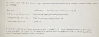 On January 1, 2022, the Sheffield Company budget committee has reached agreement on the following data for the 6 months ending
June 30, 2022.
Sales units:
Ending raw materials inventory:
Ending finished goods inventory:
Third-quarter production:
First quarter 7,300; second quarter 8,760; third quarter 10,220.
40% of the next quarter's production requirements.
25% of the next quarter's expected sales units.
10,570 units.
The ending raw materials and finished goods inventories at December 31, 2021, follow the same percentage relationships to
production and sales that occur in 2022. Three pounds of raw materials are required to make each unit of finished goods. Raw
materials purchased are expected to cost $4 per pound.