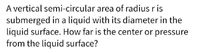 A vertical semi-circular area of radius ris
submerged in a liquid with its diameter in the
liquid surface. How far is the center or pressure
from the liquid surface?