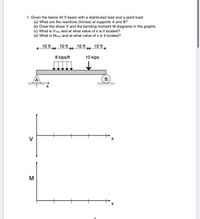 1. Given the below 40 ft beam with a distributed load and a point load:
(a) What are the reactions (forces) at supports A and B?
(b) Draw the shear V and the bending moment M diagrams in the graphs.
(c) What is Vmax and at what value of x is it located?
(d) What is Mmax and at what value of x is it located?
10 ft *
10 ft
10 ft
10 ft
8 kips/ft
10 kips
V
M
