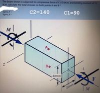 The beam shown is subjected to compressive force of C1/2 kN.m, and bending moment of C2
N.m, calculate the total stresses on both points A and B*
Sigma A =
Sigma B =
C2=140
C1=90
Во
40mm
20mm
