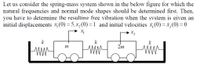 Let us consider the spring-mass system shown in the below figure for which the
natural frequencies and normal mode shapes should be determined first. Then,
you have to determine the resulting free vibration when the system is given an
initial displacements x (0) = 5, x, (0) = 1 and initial velocities (0) = x, (0) = 0
k
ww
m
2m
