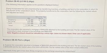 Problem 08-40 (LO 08-2) (Algo)
[The following information applies to the questions displayed below.]
Zhang incorporated her sole proprietorship by transferring inventory, a building, and land to the corporation in return for
100 percent of the corporation's stock. The property transferred to the corporation had the following fair market values
and adjusted tax bases:
Inventory
Building
Land
Total
FMV
$ 28,000
210,000
322,000
Adjusted Tax
Basis
$ 14,000
140,000
420,000
$ 560,000
$ 574,000
The corporation also assumed a mortgage of $100,000 attached to the building and land. The fair market value of the
corporation's stock received in the exchange was $460,000.
Note: Negative amount should be indicated by a minus sign. Leave no answer blank. Enter zero if applicable.
Problem 08-40 Part e (Algo)
e. Suppose the corporation assumed a mortgage of $660,000 attached to the building and land. The fair market value of the building
is $350,000 and the fair market value of the land is $742,000. The fair market value of the stock remains $460,000.
How much, if any, gain or loss does Zhang recognize on the exchange assuming the revised facts?