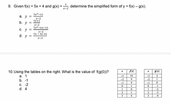 9. Given f(x) = 5x + 4 and g(x)
a. y
b. y
=
c. y =
5x2-11
x-2
5x+1
x-2
5x²-6x-11
x-2
5x-4x+6
d. y
x-2
3
=
x-2
determine the simplified form of y = f(x) − g(x).
10. Using the tables on the right. What is the value of f(g(0))?
x
f(x)
x
g(x)
a. 1
-3
16
-3
2
b. -1
-2
9
-2
1
−1
4
C. -2
−1
0
0
1
0
−1
d. 4
1
0
1
-2
2
1
2
-3
3
4
3
-4