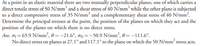 At a point in an elastic material there are two mutually perpendicular planes, one of which carries a
direct tensile stress of 50 N/mm² and a shear stress of 40 N/mm² while the other plane is subjected
to a direct compressive stress of 35 N/mm² and a complementary shear stress of 40 N/mm².
Determine the principal stresses at the point, the position of the planes on which they act and the
position of the planes on which there is no direct stress.
Ans. o1 = 65.9 N/mm², 0 = -21.6°, o1=-50.9 N/mm², 0 = -111.6°.
No direct stress on planes at 27.1° and 117.1° to the plane on which the 50 N/mm² stress acts.
