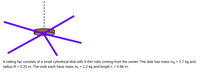 A ceiling fan consists of a small cylindrical disk with 5 thin rods coming from the center. The disk has mass md = 2.7 kg and
radius R = 0.25 m. The rods each have mass m, = 1.2 kg and length L = 0.86 m.
