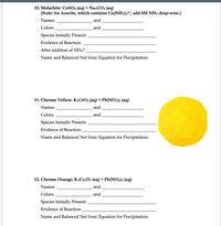 10. Malachite: CUSO4 (aq) + Na2CO3 (aq)
(Note: for Azurite, which contains Cu(NH3)42+, add 6M NH3 drop-wise.)
Names:
and
Colors:
and
Species Initially Present:
Evidence of Reaction:
After addition of NH3?
Name and Balanced Net Ionic Equation for Precipitation:
11. Chrome Yellow: K2CrO4 (aq) + Pb(NO3)2 (aq)
Names:
and
Colors:
and
Species Initially Present:
Evidence of Reaction:
Name and Balanced Net Ionic Equation for Precipitation:
12. Chrome Orange: K2C12O7 (aq) + Pb(NO3)2 (aq)
Names:
and
Colors:
and
Species Initially Present:
Evidence of Reaction:
Name and Balanced Net Ionic Equation for Precipitation:
