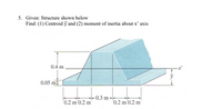 5. Given: Structure shown below
Find: (1) Centroid y and (2) moment of inertia about x' axis
0.4 m
0.05 m
-0.3 m--
'0.2 m'0.2 m'
'0.2 m'0.2 m'
