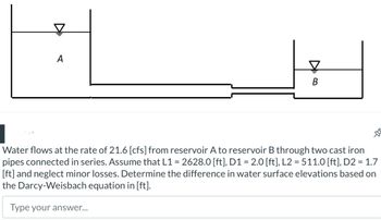 A
프
B
Water flows at the rate of 21.6 [cfs] from reservoir A to reservoir B through two cast iron
pipes connected in series. Assume that L1 = 2628.0 [ft], D1 = 2.0 [ft], L2 = 511.0 [ft], D2 = 1.7
[ft] and neglect minor losses. Determine the difference in water surface elevations based on
the Darcy-Weisbach equation in [ft].
Type your answer...