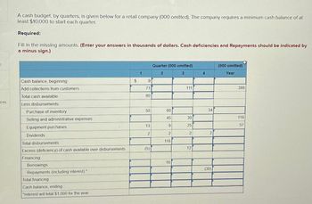 ces
A cash budget, by quarters, is given below for a retail company (000 omitted). The company requires a minimum cash balance of at
least $10,000 to start each quarter.
Required:
Fill in the missing amounts. (Enter your answers in thousands of dollars. Cash deficiencies and Repayments should be indicated by
a minus sign.)
Cash balance, beginning
Add collections from customers
Total cash available
Less disbursements.
Purchase of inventory
Selling and administrative expenses
Equipment purchases
Dividends
Total disbursements
Excess (deficiency) of cash available over disbursements
Financing:
Borrowings
Repayments (including interest) *
Total financing
Cash balance, ending
*Interest will total $1,000 for the year.
$
1
9
71
80
50
13
2
(5)
Quarter (000 omitted)
2
3
60
45
9
2
116
16
111
30
25
2
12
4
34
2
(30)
(000 omitted)
Year
389
119
57