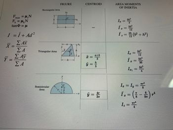 ### Educational Content: Moments of Inertia for Various Shapes

#### Fundamental Equations

- **Maximum Friction Force:**
  \[
  F_{\text{max}} = \mu_s N
  \]
  where \(\mu_s\) is the coefficient of static friction and \(N\) is the normal force.

- **Kinetic Friction Force:**
  \[
  F_k = \mu_k N
  \]
  where \(\mu_k\) is the coefficient of kinetic friction.

- **Angle of Friction:**
  \[
  \tan \Phi = \mu
  \]

#### Parallel Axis Theorem
\[
I = \bar{I} + Ad^2
\]
where \(\bar{I}\) is the moment of inertia about the centroidal axis, \(A\) is the area of the shape, and \(d\) is the distance between the centroidal axis and the axis about which the moment of inertia is being calculated.

#### Centroid Formulas
- **\( \bar{X} \):**
  \[
  \bar{X} = \frac{\sum Ax}{\sum A}
  \]
- **\( \bar{Y} \):**
  \[
  \bar{Y} = \frac{\sum Ay}{\sum A}
  \]

### Moments of Inertia for Common Shapes

#### Rectangular Area
- Diagram: A rectangle with base \(b\) and height \(h\). The centroid \(C\) is at the center.
- **Centroid Coordinates:**
  \[
  \bar{x} = \frac{b}{2}, \quad \bar{y} = \frac{h}{2}
  \]
- **Area Moments of Inertia:**
  \[
  I_x = \frac{bh^3}{3}, \quad \bar{I}_x = \frac{bh^3}{12}, \quad I_z = \frac{bh}{12}(b^2 + h^2)
  \]

#### Triangular Area
- Diagram: A right triangle with base \(b\) and height \(h\). The centroid \(C\) is at \(\frac{1}{3}\) along the base and height.
- **Centroid Coordinates:**
  \[
  \bar{x} = \frac{a + b}{