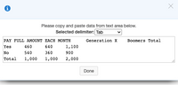 Please copy and paste data from text area below.
Selected delimiter: Tab
PAY FULL AMOUNT EACH MONTH
Generation X
Boomers Total
Yes
460
640
1,100
No
540
360
900
Total
1,000
1,000
2,000
Done

