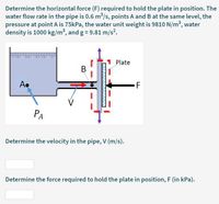 Determine the horizontal force (F) required to hold the plate in position. The
water flow rate in the pipe is 0.6 m/s, points A and B at the same level, the
pressure at point A is 75kPa, the water unit weight is 9810 N/m3, water
density is 1000 kg/m³, and g= 9.81 m/s2.
1 Plate
В
A.
-F
РА
Determine the velocity in the pipe, V (m/s).
Determine the force required to hold the plate in position, F (in kPa).
P.
