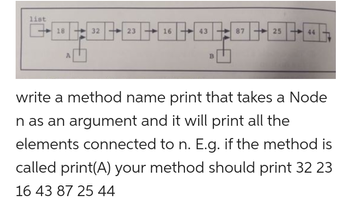 list
18
A
32
LE
23
16
43
B
87 -25 +44
write a method name print that takes a Node
n as an argument and it will print all the
elements connected to n. E.g. if the method is
called print(A) your method should print 32 23
16 43 87 25 44