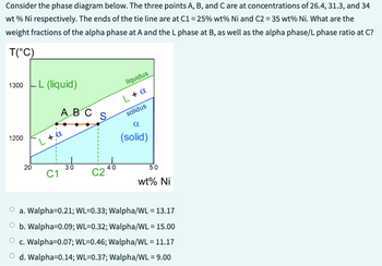 Consider the phase diagram below. The three points A, B, and C are at concentrations of 26.4, 31.3, and 34
wt% Ni respectively. The ends of the tie line are at C1 = 25% wt% Ni and C2 = 35 wt% Ni. What are the
weight fractions of the alpha phase at A and the L phase at B, as well as the alpha phase/L phase ratio at C?
T(°C)
1300 L (liquid)
1200
20
A B C
L + a
C1
S
liquidus
L + a
solidus
a
(solid)
50
wt% Ni
a. Walpha=0.21; WL=0.33; Walpha/WL = 13.17
b. Walpha=0.09; WL=0.32; Walpha/WL = 15.00
c. Walpha=0.07; WL=0.46; Walpha/WL = 11.17
d. Walpha=0.14; WL=0.37; Walpha/WL = 9.00