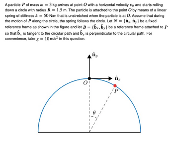 A particle P of mass m = 3 kg arrives at point O with a horizontal velocity and starts rolling
down a circle with radius R = 1.5 m. The particle is attached to the point O by means of a linear
spring of stiffness k = 50 N/m that is unstretched when the particle is at O. Assume that during
the motion of P along the circle, the spring follows the circle. Let N = {x, ây} be a fixed
reference frame as shown in the figure and let B = {bx, by} be a reference frame attached to P
so that b is tangent to the circular path and by is perpendicular to the circular path. For
convenience, take g = 10 m/s² in this question.
ny
ĤT
IP