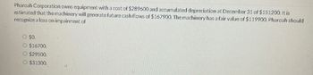 Pharoah Corporation owns equipment with a cost of $289600 and accumulated depreciation at December 31 of $151200. It is
estimated that the machinery will generate future cash flows of $167900. The machinery has a fair value of $119900. Pharoah should
recognize a loss on impairment of
$0.
O $16700.
○ $29500.
○ $31300.