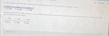 A project requires a $33,000 initial investment and is expected to generate end-of-period annual cash inflows as follows
Year 1
Year 2
$ 15,000 $ 16,000
i = 14%
n=1
0.8772
{ = 14%
n = 2
0.7695
Year 3
$ 15,000
Assuming a discount rate of 14%, what is the net present value (rounded to the nearest whole dollar) of this investment? Selected present value factors for a single
sum are shown in the table below.
Multiple Choice
Help
{= 14%
n=3
0.6750
Save & Exit
Subr
