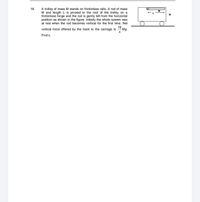 A trolley of mass M stands on frictionless rails. A rod of mass
M and length L is pivoted to the roof of the trolley on a
frictionless hinge and the rod is gently left from the horizontal
16 Mg
position as shown in the figure. Initially the whole system was
at rest when the rod becomes vertical for the first time. Net
18.
vertical force offered by the track to the carriage is
Find x.
