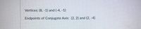 Vertices: (8, -1) and (-4, -1)
Endpoints of Conjugate Axis: (2, 2) and (2, -4)
