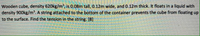 Wooden cube, density 620kg/m', is 0.08m tall, 0.12m wide, and 0.12m thick. It floats in a liquid with
density 900kg/m. A string attached to the bottom of the container prevents the cube from floating up
to the surface. Find the tension in the string. [8]
