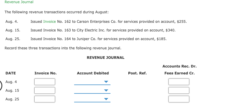 Revenue Journal
The following revenue transactions occurred during August:
Issued Invoice No. 162 to Carson Enterprises Co. for services provided on account, $255.
Aug. 4.
Issued Invoice No. 163 to City Electric Inc. for services provided on account, $340.
Aug. 15.
Issued Invoice No. 164 to Juniper Co. for services provided on account, $185.
Aug. 25.
Record these three transactions into the following revenue journal.
REVENUE JOURNAL
Accounts Rec. Dr.
Post. Ref.
DATE
Invoice No.
Account Debited
Fees Earned Cr.
Aug. 4
Aug. 15
Aug. 25
