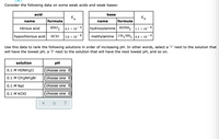Consider the following data on some weak acids and weak bases:
acid
base
Ka
name
formula
name
formula
nitrous acid
HNO2
4.5 x 10
-4
hydroxylamine HONH, 1.1 × 10°
--
-8-
hypochlorous acid
HC10
3.0 x 10
methylamine CH3NH2 4.4 × 10
Use this data to rank the following solutions in order of increasing pH. In other words, select a 'l' next to the solution that
will have the lowest pH, a '2' next to the solution that will have the next lowest pH, and so on.
solution
pH
0.1 M HONH3CI
choose one
0.1 M CH3NH3BR
choose one
0.1 M NaI
choose one
0.1 М KCIO
choose one
