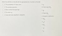 Match the definition on the left with the appropriate term of symbol on the right.
А. а
v The probability of a Type I error.
B. Fail to reject H
The sample proportion
C-B
v Must contain the equal sign.
D. Reject H
0.
v If p-value <a
E. Student's t-distribution
Used with data classified in categories.
F. HO
G.
x²
H.Ha
1. P
J. q
