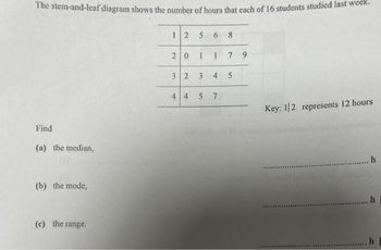 The stem-and-leaf diagram shows the number of hours that each of 16 students studied last week.
Find
(a) the median,
(b) the mode,
(c) the range.
12 568
20
1
3 2 3
4 4 5
1
4
7
7
5
9
Key: 1|2 represents 12 hours
h
h
h