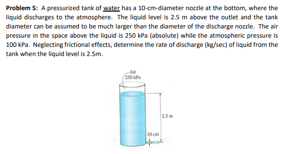 Problem 5: A pressurized tank of water has a 10-cm-diameter nozzle at the bottom, where the
liquid discharges to the atmosphere. The liquid level is 2.5 m above the outlet and the tank
diameter can be assumed to be much larger than the diameter of the discharge nozzle. The air
pressure in the space above the liquid is 250 kPa (absolute) while the atmospheric pressure is
100 kPa. Neglecting frictional effects, determine the rate of discharge (kg/sec) of liquid from the
tank when the liquid level is 2.5m.
Air
250 kPa
25 m
10 cm
