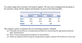 Two plants supply three customers with medical supplies. The unit costs of shipping from the plants to
the customers, along with the supplies and demands, are given in the following table.
From
Plant 1
Plant 2
Demand
Customer 1
$55
$10
10
To
Customer 2
$65
$15
10
Customer 3
$80
$25
10|
Supply
35
50
The company's goal is to minimize the cost of meeting customers' demands.
(a) Formulate this problem as a transportation problem by constructing the appropriate parameter
table. (Initialization)
(b) Write a linear programming formulation for this problem.
(c) Obtain an optimal solution using the transportation simplex method with Northwest Corner rule.