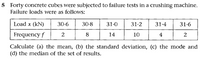 5 Forty concrete cubes were subjected to failure tests in a crushing machine.
Failure loads were as follows:
Load x (kN)
30-6
30-8
31-0
31-2
31-4
31-6
Frequency f
2
8
14
10
4
Calculate (a) the mean, (b) the standard deviation, (c) the mode and
(d) the median of the set of results.
