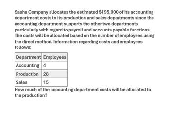 Sasha Company allocates the estimated $195,000 of its accounting
department costs to its production and sales departments since the
accounting department supports the other two departments
particularly with regard to payroll and accounts payable functions.
The costs will be allocated based on the number of employees using
the direct method. Information regarding costs and employees
follows:
Department Employees
Accounting 4
Production 28
Sales
15
How much of the accounting department costs will be allocated to
the production?