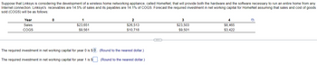 Suppose that Linksys is considering the development of a wireless home networking appliance, called HomeNet, that will provide both the hardware and the software necessary to run an entire home from any
Internet connection. Linksys's receivables are 14.5% of sales and its payables are 14.1% of COGS. Forecast the required investment in net working capital for HomeNet assuming that sales and cost of goods
sold (COGS) will be as follows:
Year
Sales
COGS
0
1
$23,651
$9,561
2
$26,513
$10,718
The required investment in net working capital for year 0 is $0. (Round to the nearest dollar.)
The required investment in net working capital for year 1 is $. (Round to the nearest dollar.)
3
$23,503
$9,501
4
$8,465
$3,422