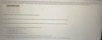 A survey was conducted that included several questions about how internet users feel about search engines and other websites collecting information about them and using this information either to shape search results or target advertising to them. In
one question, participants were asked, "If a search engine kept track of what you search for, and then used that information to personalize your future search results, how would you feel about that?" Respondents could indicate either "Would not be okay
with it because you feel it is an invasion of your privacy" or "Would be okay with it, even if it means they are gathering information about you." Frequencies of responses by age group are summarized in the following table.
Age Not Okay
18-29 0.1486 0.0603
0.2274 0.0906
0.4009
30-49
50+
Okay
0.0722
(a) What is the probability a survey respondent will say they are not okay with this practice?
(b) Given a respondent is 30-49 years old, what is the probability the respondent will say they are okay with this practice? (Round your answer to four decimal places.)
(c) Given a respondent says they are not okay with this practice, what is the probability the respondent is 50+ years old? (Round your answer to four decimal places.)
.
(d) Is the attitude about this practice independent of the age of the respondent? Why or why not?
O Yes, because P(okay.l 30-49) P(30-49 | okay).
O Yes, because P(okay n 18-29) = 0.
O No, because P(okay | 30-49) # P(okay).
O No, because these events aren't mutually exclusive.
YOUR TEACHER
(e) Do attitudes toward this practice for respondents who are 18-29 years old and respondents who are 50+ years old differ?
The attitudes -Select--. Compared to respondents in the 18-29 age category, respondents in the 50+ age category are ---Select--- to say this practice is not okay.