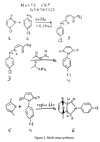 1
NH
се
3
5
MULTI STEP
SYNTHESIS
+
NH₂
će
2
се
4
E+OAc
r.t. (5 min)
"ona
reflux thr
NH
cl
3
(1
4
но
6
Figure 1. Multi-step synthesis
·ce