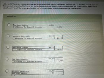 At the end of the current year, using the aging of accounts receivable method, management estimated that $23,750 of the accounts receivable
balance would be uncollectible. Prior to any year-end adjustments, the Allowance for Doubtful Accounts had a credit balance of $455. What
adjusting entry should the company make at the end of the current year to record its estimated bad debts expense?
Multiple Choice
Bad Debts Expense
23,295
Allowance for Doubtful Accounts
23,295
О
Accounts Receivable
24,205
Allowance for Doubtful Accounts
24,205
О
Bad Debts Expense
24,205
Allowance for Doubtful Accounts
24,205
Bad Debts Expense
Allowance for Doubtful Accounts
Accounts Receivable
Bad Debts Expense
23,750
23,750
23,750
455