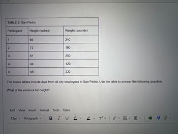 TABLE 2: San Pedro
Participant
1
Height (inches)
Weight (pounds)
66
2
72
240
190
3
61
250
4
44
5
65
120
222
The above tables include data from all city employees in San Pedro. Use the table to answer the following question.
What is the variance for height?
Edit
View Insert Format
Tools Table
12pt v
Paragraph
BIU
A
10
T²
GO
B
9
>
Dz