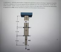 A solid brass E = 100 GPa axial member is loaded and supported as shown in the figure. Segments (1) and (2)
%3D
each have a diameter of 21 mm and segment (3) has a diameter of 17 mm. Carrying loads W1 = 35 kN, W2 =
%3D
%3D
14 kN, and W3 = 28 kN, at their respective positions shown on the figure below. Determine the deformation
%3D
of segment (2) in MPa. Answer should be rounded up to the nearest 3 decimal places.
(1) 4
1.8 m
W1
B
(2)
1.2 m
C
1.6 m
W2
(3)
D.
W3
