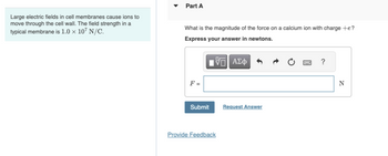 Large electric fields in cell membranes cause ions to
move through the cell wall. The field strength in a
typical membrane is 1.0 × 107 N/C.
Part A
What is the magnitude of the force on a calcium ion with charge +e?
Express your answer in newtons.
F =
1 ΑΣΦ
Submit
Request Answer
Provide Feedback
?
N